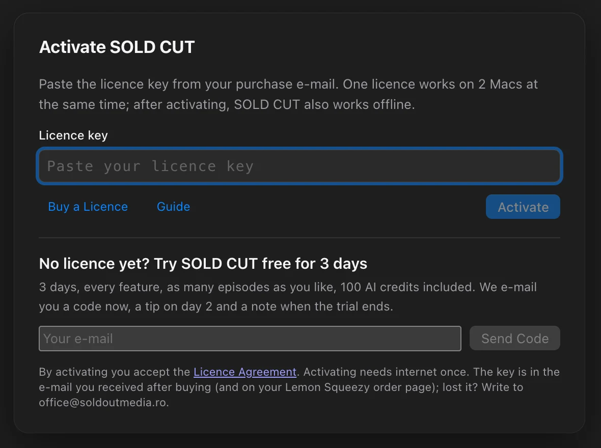 SOLD CUT Activate window with the licence key field and the free trial