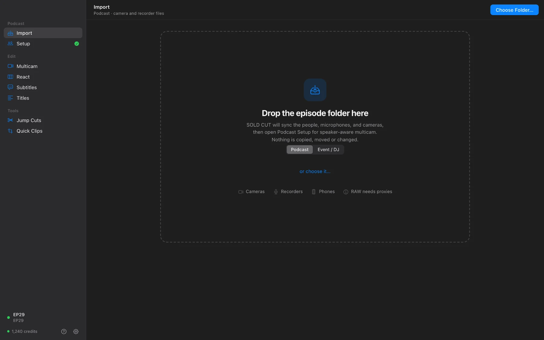 SOLD CUT Import page: drop the episode folder here
