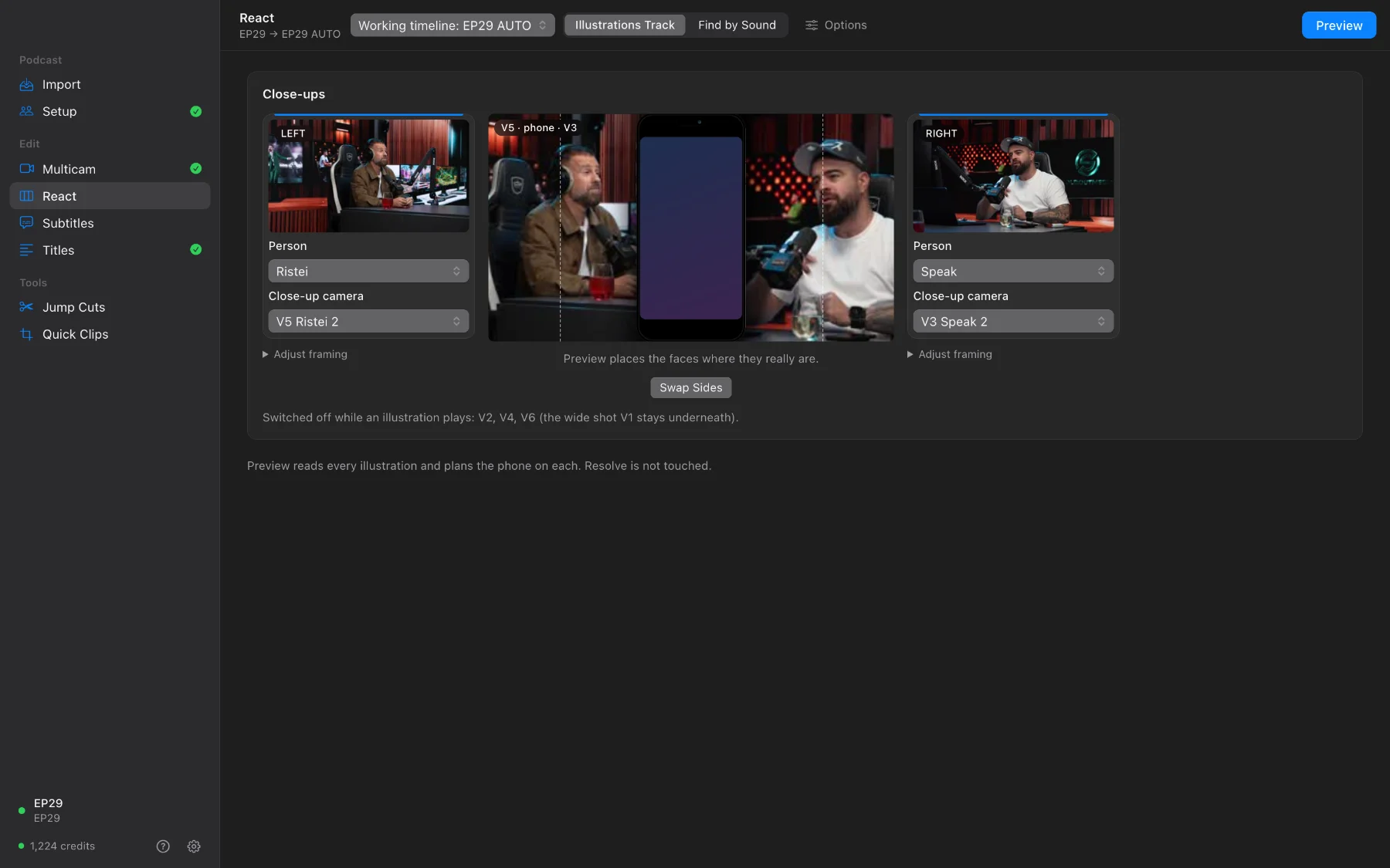 SOLD CUT React page: left and right close-ups and the phone between them
