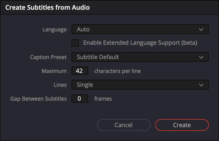 DaVinci Resolve Create Subtitles from Audio dialog