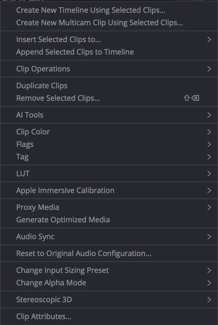 DaVinci Resolve Media Pool right-click menu with Create New Multicam Clip Using Selected Clips