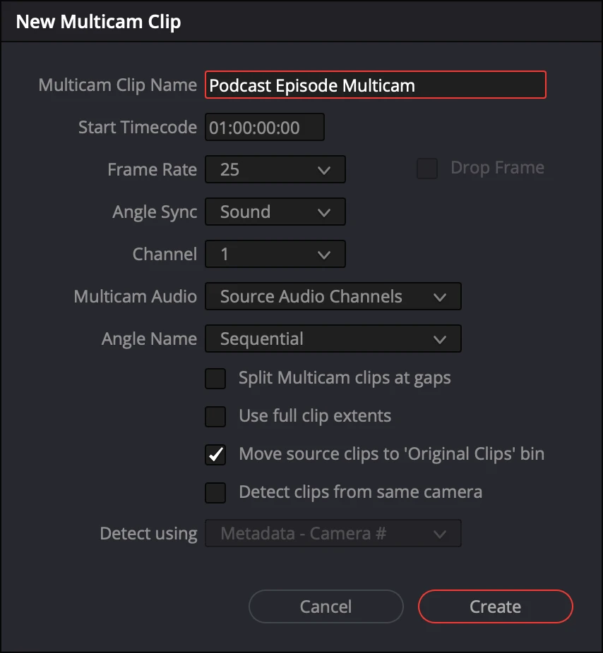 DaVinci Resolve New Multicam Clip dialog with Angle Sync set to Sound