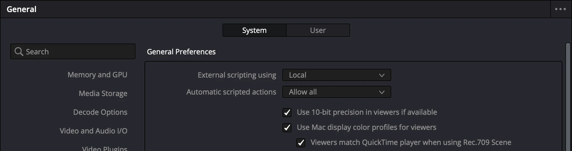 DaVinci Resolve Preferences, System, General, External scripting using set to Local